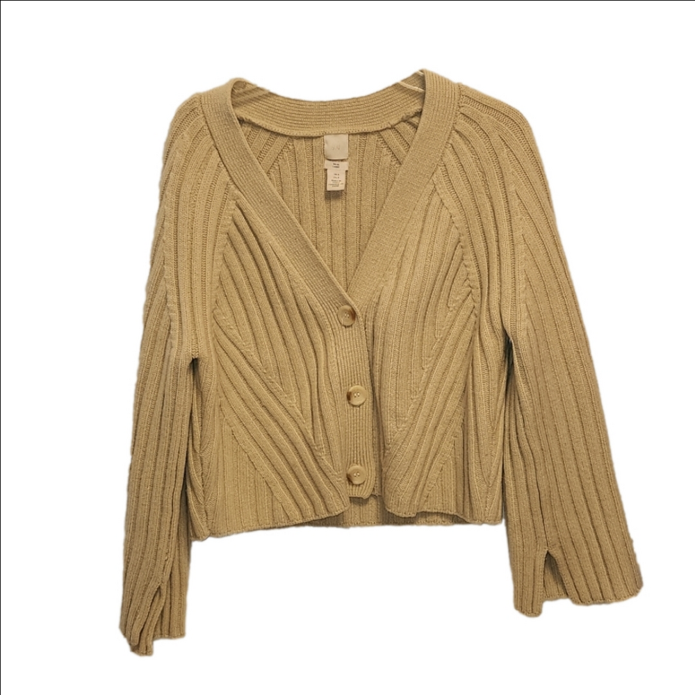 H&M 100% wool heavy knit V-neck cropped big buttons cardigan sz S oversized